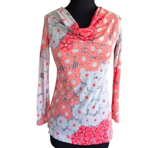 Vintage 70s Small? Flower Power Top Pink Daisy Hippie Retro Cowl Neck Tunic